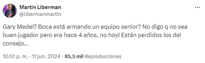 El periodista deportivo argentino cuestionó el regreso de Medel a Boca Juniors.