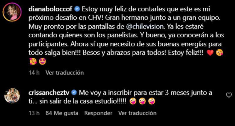 Comentario de Cristián Sánchez a Diana Bolocco| Instagram