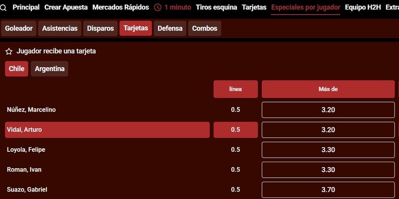 Una nueva polémica se generó con la casa de apuestas online que patrocina el King luego de aparecer el seleccionado chileno entre los futbolistas por quienes se puede apostar por recibir tarjetas amarillas en el partido de esta noche frente a Argentina.