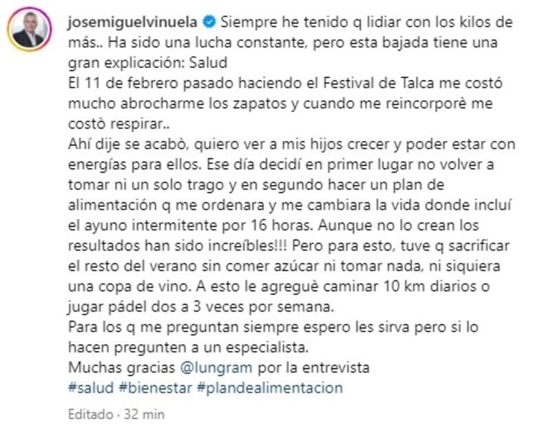 José Miguel Viñuela bajó 10 kilos en un mes gracias a una vida saludable y el deporte.