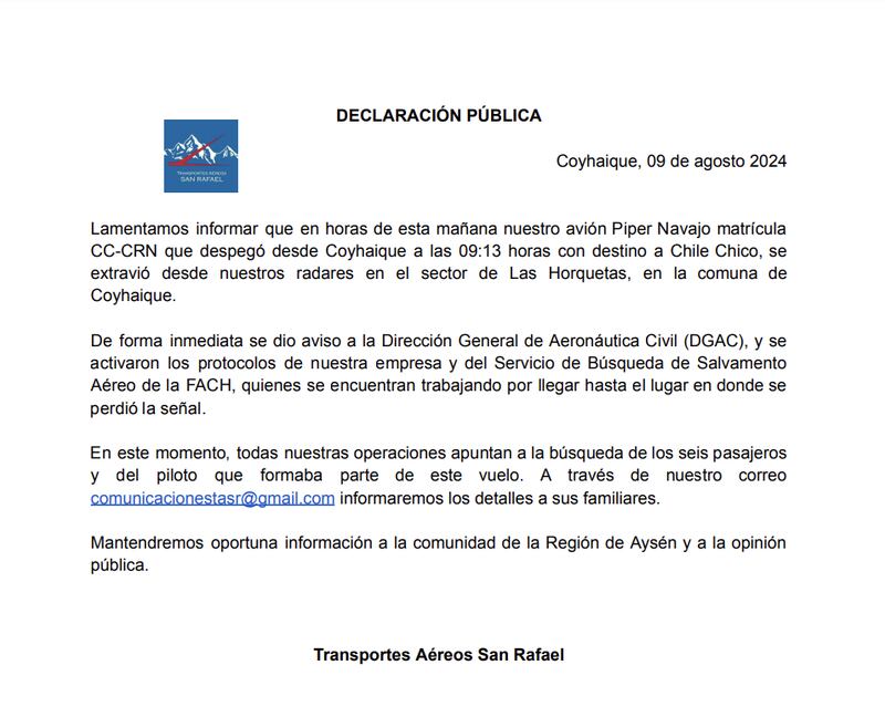 Comunicado Transportes Aéreos San Rafael