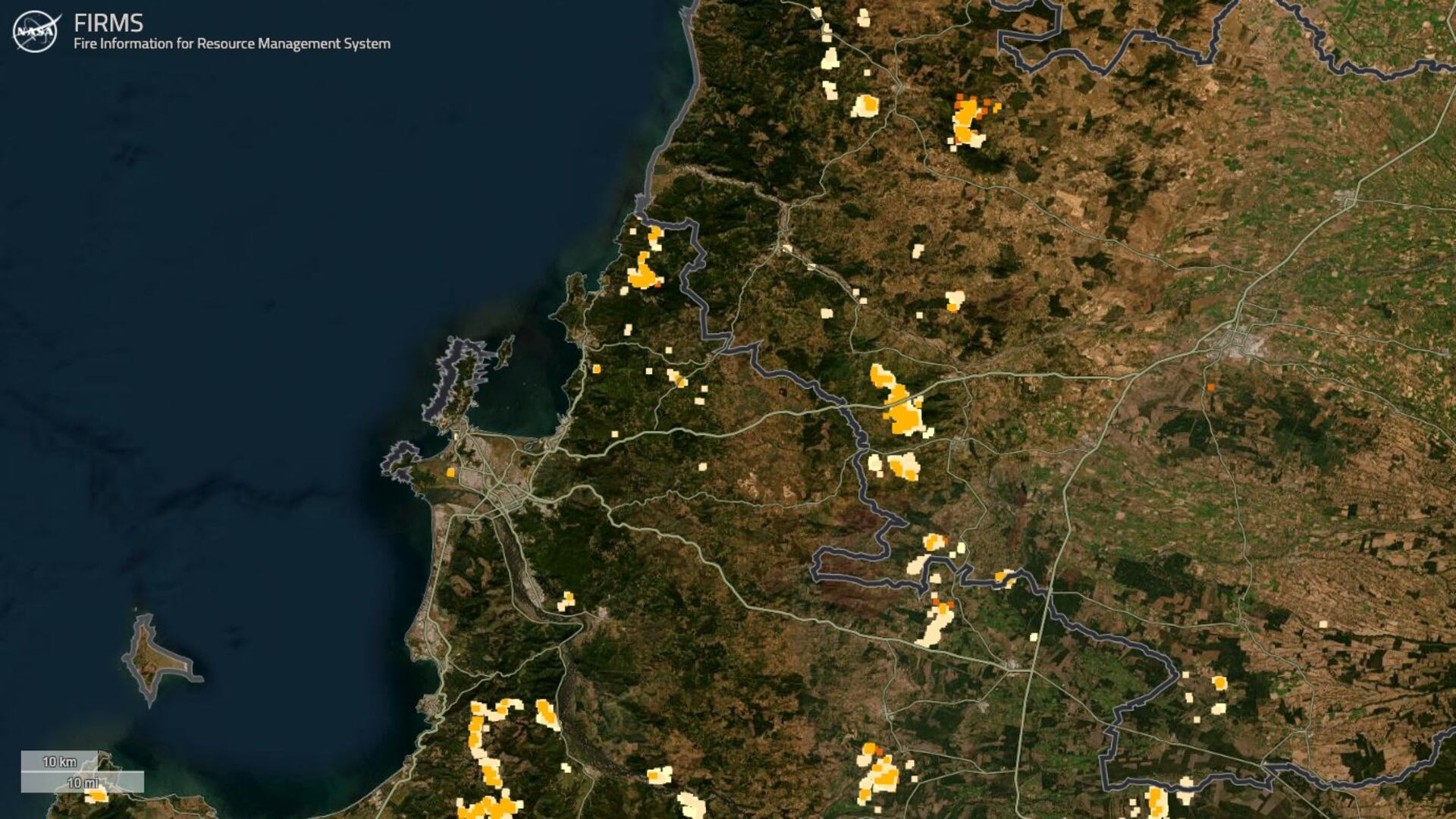 Mapa satelital del desarrollo de los incendios en Chile