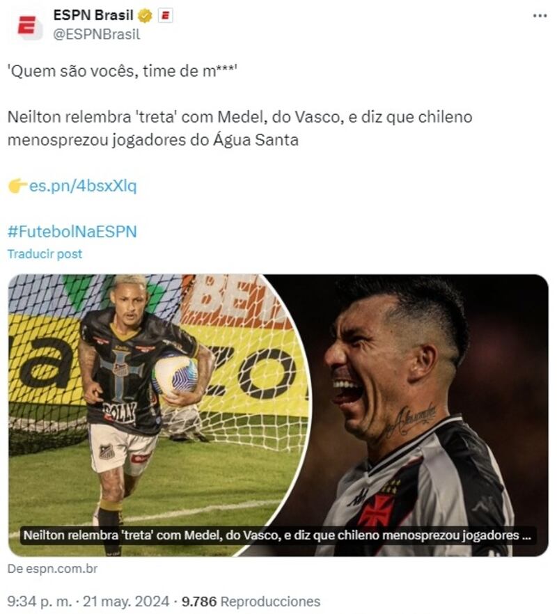 Un futbolista de Agua Santa acusó al Pitbull de menospreciarlos en un partido de la Copa Brasil, donde incluso aseguró que Medel le dijo a uno de sus compañeros extranjeros "tengo dinero para comprarte".