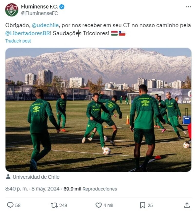 El club brasileño agradeció el gesto de a U, de prestarles el CDA para entrenar en la previa al duelo de esta noche frente a Colo Colo en el estadio Monumental.