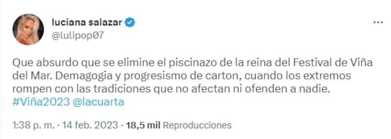 La argentina criticó en sus redes sociales el fin de la elección de reina del Festival de Viña.