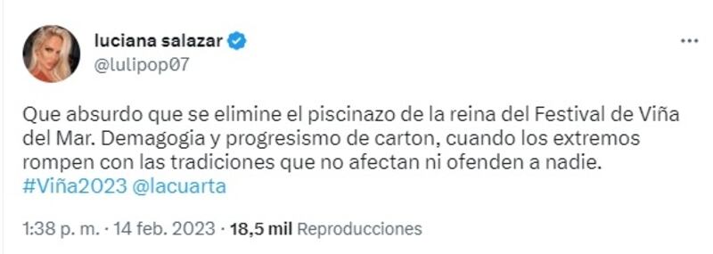 La argentina criticó en sus redes sociales el fin de la elección de reina del Festival de Viña.