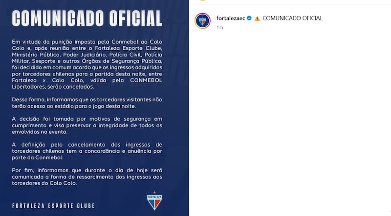 Los dirigentes del club brasileño recularon respecto de su primera decisión y esta mañana confirmaron que no dejarán entrar al estadio a los hinchas de Colo Colo debido a la sanción recibida por Conmebol.