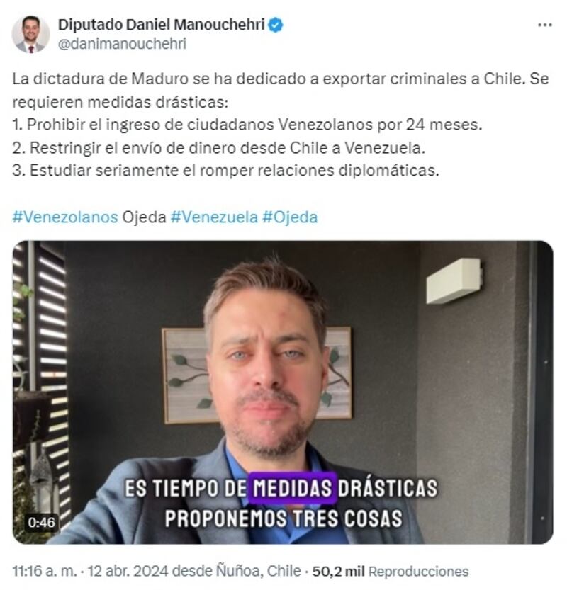 El parlamentario pidió al gobierno chileno que tome tres medidas ejemplares en contra del régimen totalitario de Nicolás Maduro en Venezuela luego del nuevo asesinato de un efectivo carabinero a manos de ciudadanos venezolanos en Chile.