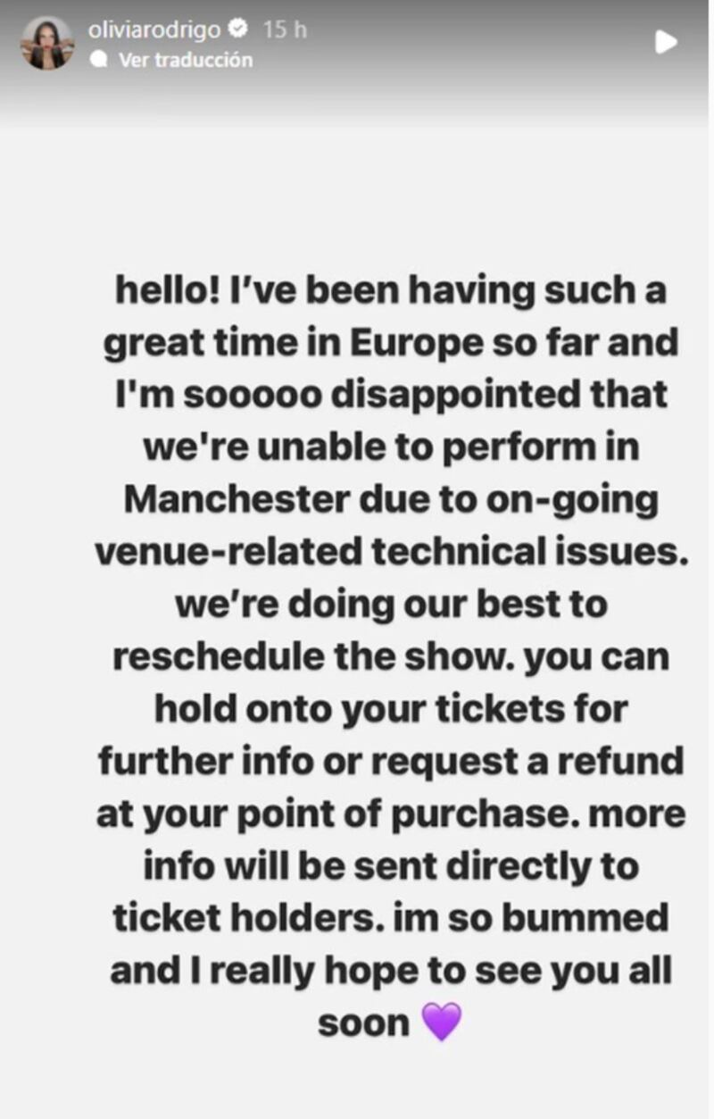 Olivia Rodrigo explica en redes sociales sobre la cancelación de dos shows en Manchester, Inglaterra.