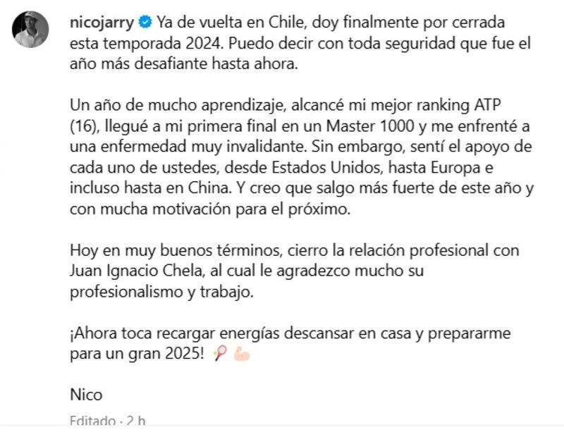 El tenista nacional confirmó el fin de su relación con el técnico Juan Ignacio Chela.