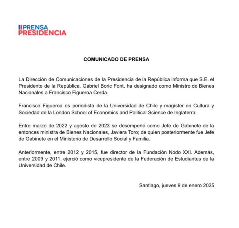 Comunicado de Prensa del Gobierno sobre el nuevo ministro Francisco Figueroa Cerda | Fuente: X de @nicomedinapa