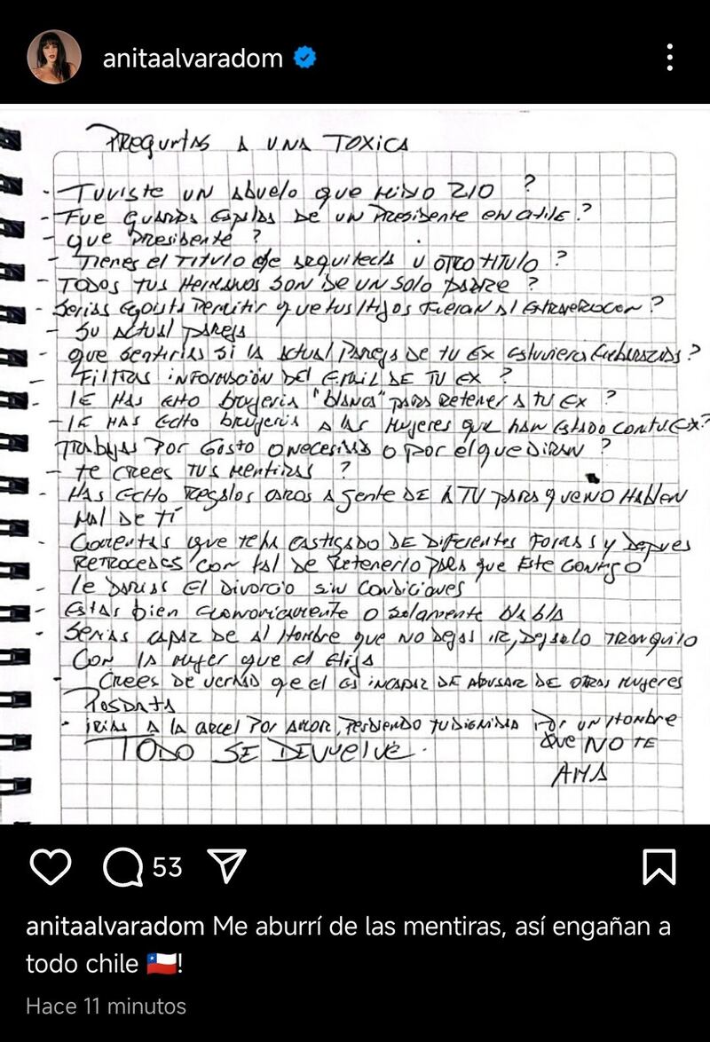 Lista de preguntas de Anita Alvarado sobre Daniela Aránguiz | Fuente: X de @Gatrasnochada