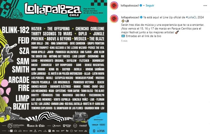 Este martes se conoció el nombre de los artistas nacionales e internacionales que se presentarán en la próxima edición de Lollapalooza Chile 2024.