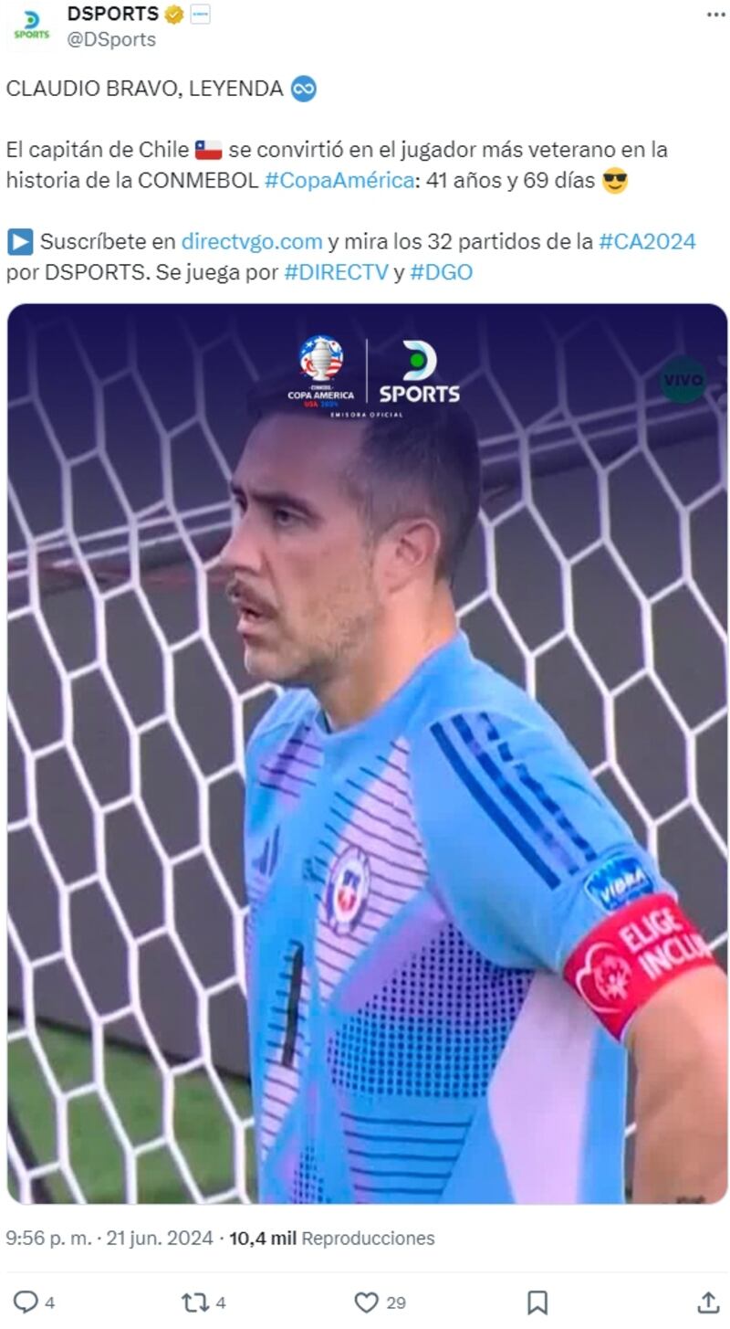 El arquero de la selección chilena se convirtió, a sus 41 años y 69 días, en el futbolista más longevo en disputar un partido oficial de Copa América.