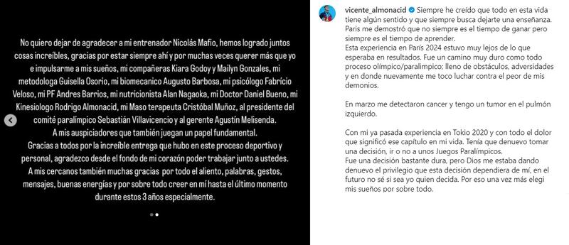 El atleta nacional compitió en los Paralímpicos de París 2024 sabiendo de sus diagnósticos de cáncer y tumor en uno de sus pulmones.