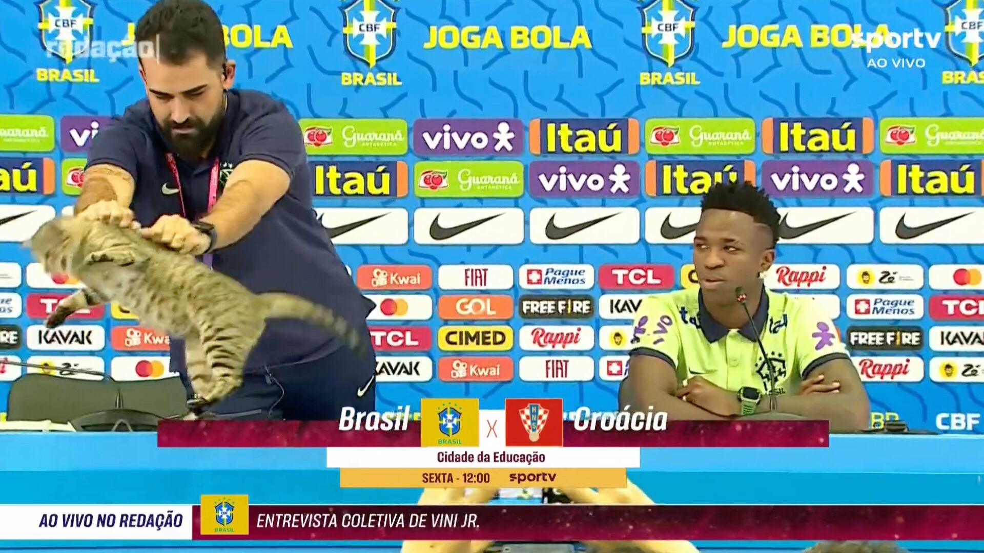 La repudiable imagen del jefe de prensa sacando al gato del mesón de la conferencia