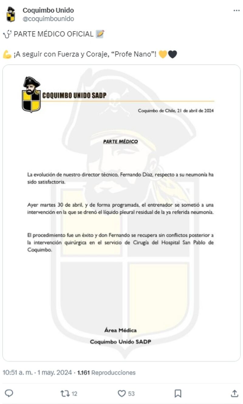 El técnico de los piratas fue intervenido con éxito este martes de su neumonía.