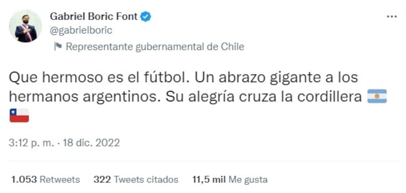 El mandatario chileno usó sus redes sociales para felicitar al pueblo argentino por haber alcanzado su tercer título mundial al vencer en la final a Francia.
