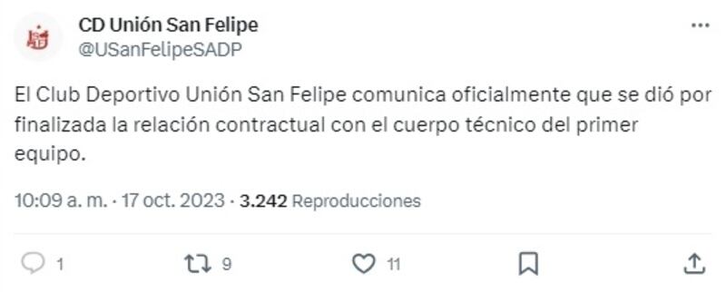 El club aconcagüino confirmó la salida de su entrenador este mediodía en sus redes sociales. En las próximas horas anunciaron que darían el nombre de su reemplazo.