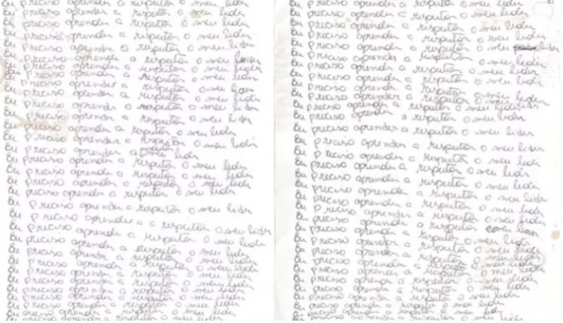 Las planas que el pastor ponía a escribir a los feligreses que castigaba. Foto: Policía de Paço do Lumiar