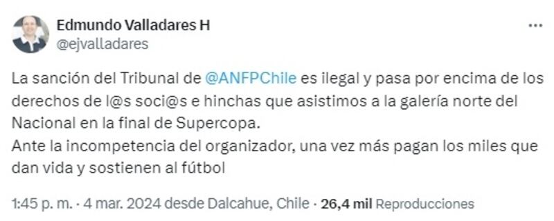 El exdirigente del CSyD de Colo Colo cuestionó el castigo impuesto por la ANFP a los más de 12 mil hinchas que estuvieron en el sector de la Garra Blanca durante los incidentes de la final de la Supercopa.