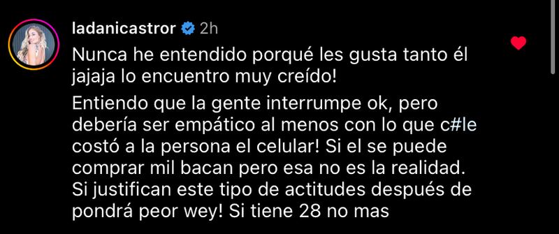 Comentario de Daniela Castro en Instagram | Captura: Clase Básica