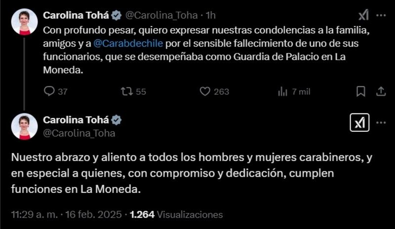 La ministra del Interior lamentó la muerte del carabinero que custodiaba el Palacio de La Moneda.