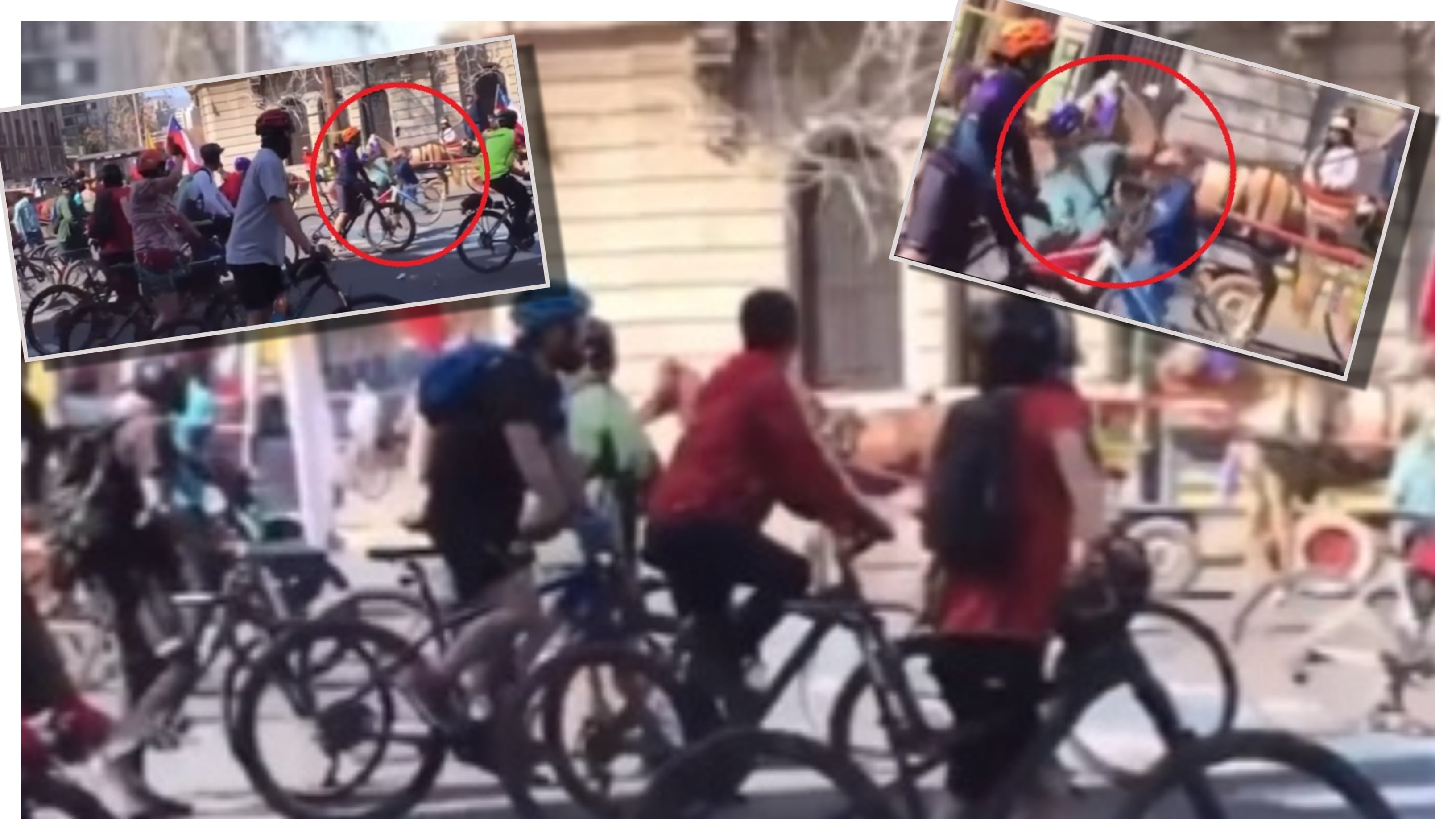 El momento del ladrillazo lanzado en contra de un caballo durante una marcha de ciclistas por el Apruebo.