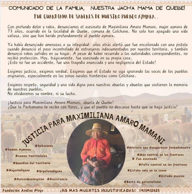 Comunicado de la familia de Maximiliana Amaro Mamani | Fuente: Facebook de Fundación Andina Pirqa