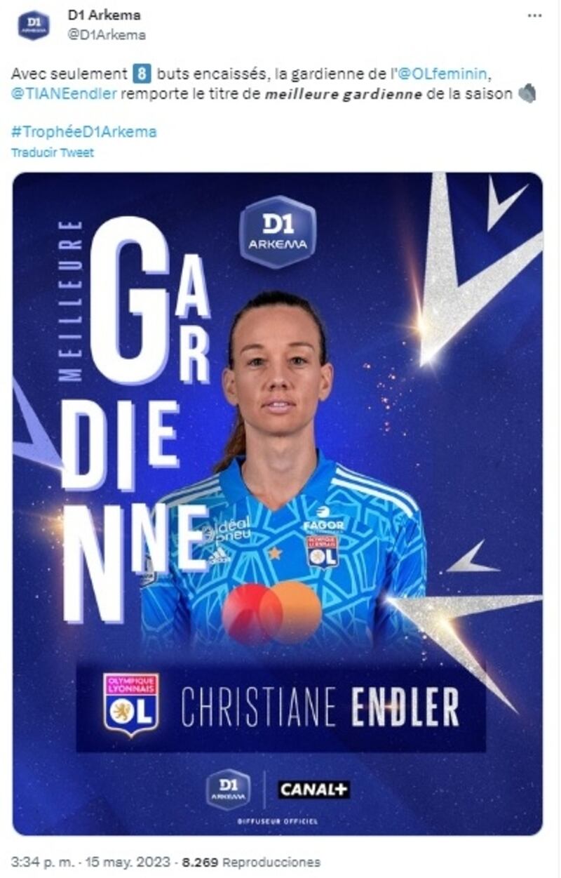 Endler ganó su cuarto premio a mejor arquera de la Liga Francesa de Fútbol Femenino.