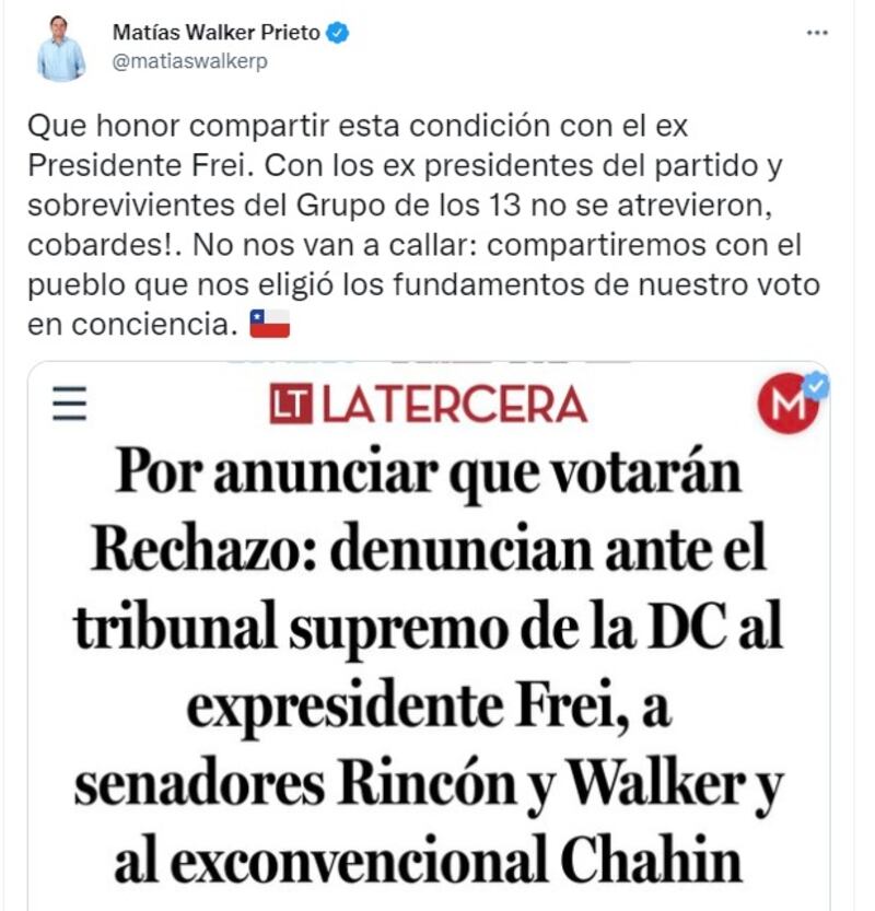 El senador Matías Walker también criticó a quienes los denunciaron ante el Tribunal Supremo de la Democracia Cristiana.