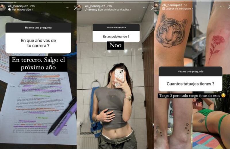 Poco y nada se conocía sobre la hija universitaria del cantante Álvaro Henríquez y la actriz Mariana Loyola, quienes tuvieron una relación hace más de 20 años atrás. Pero, hoy, con el retorno de Los Tres a los escenarios, salió a la luz una foto del orgulloso padre junto a su retoña.
“Con el verdadero amor de mi vida, mi hija @oli_henriquez”, publicó el vocalista, minutos antes de realizar el concierto gratuito en la Plaza Ñuñoa.
“Lindo papitoooo!!!! hermosisima la foto”, respondió la joven de 21 años, quien está ad portas de titularse de la carrera de Ciencias Políticas en la Universidad Diego Portales. 
Fue la propia estudiante, Olivia Henríquez, quien contó detalles de su presente académico, además de revelar a sus seguidores que se encuentra soltera y tiene ocho tatuajes.
“Mis dos familias siempre han sido muy políticas y la verdad es que me interesó desde un principio. No me quiero dedicar a la política, pero encuentro que es muy linda estudiarla”, escribió en su cuenta de Instagram, agregando que egresará el 2024. 
Respecto a la relación con su madre, confesó que “Increíble, somos muy partners”, fueron parte de sus palabras, junto a diversas postales.