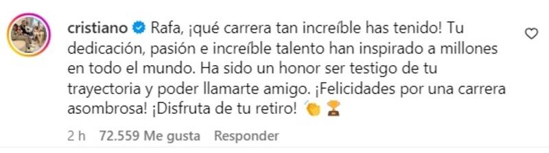 El futbolista portugués reaccionó al anuncio oficial del tenista español, quien confirmó este jueves su retiro de la actividad profesional.