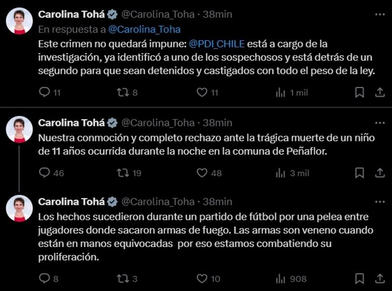 La ministra aseguró que el crimen del menor de 11 años asesinado en Peñaflor "no quedará impune".