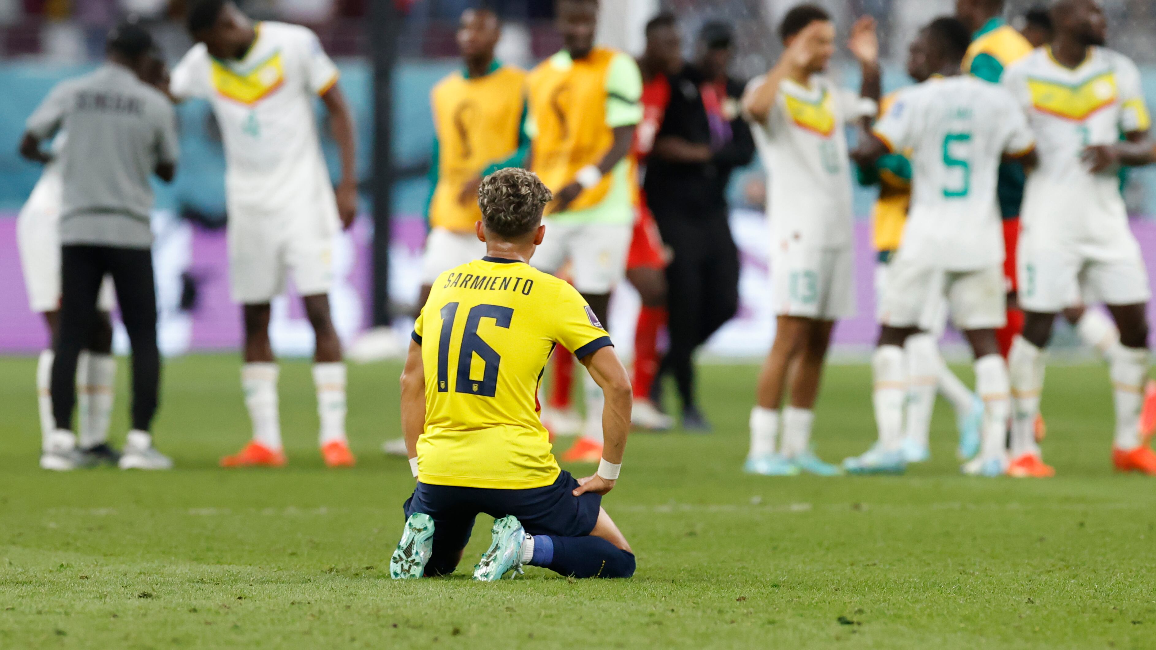 Jeremy Sarmiento de Ecuador reacciona hoy, al final de un partido de la fase de grupos del Mundial de Fútbol Qatar 2022 entre Ecuador y Senegal