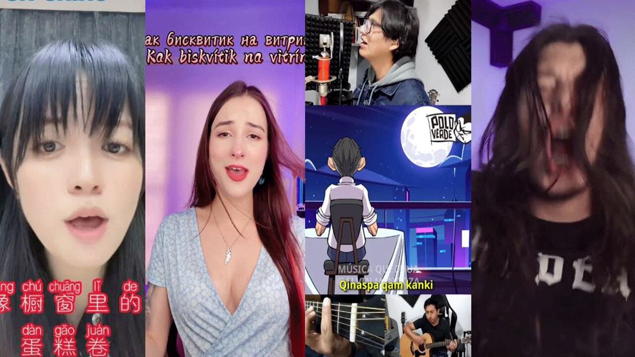 Cuatro capturas de videos de Tiktok que muestran diferentes idiomas en los que se tradujo la canción.