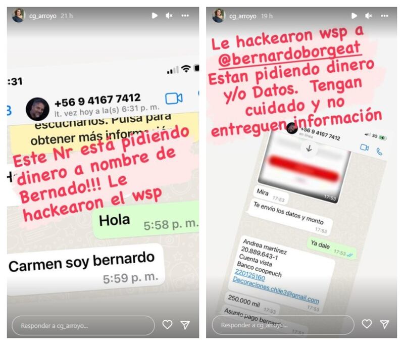 La figura de TVN, Carmen Gloria Arroyo, realizó este viernes una seria denuncia por la suplantación del WhatsApp de su pareja, Bernardo Borgeat.