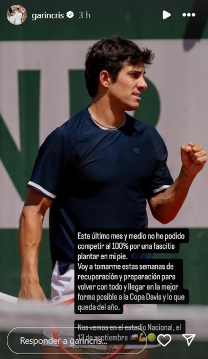 Garin destacó que a pesar de su lesión, bien podría llegar al partido de Copa Davis de Chile a mediados de septiembre.