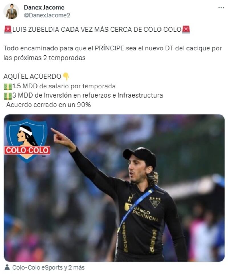 Los medios ecuatorianos aseguraron que el deté argentino no seguirá dirigiendo a LDU de Quito para asumir como nuevo entrenador de Colo Colo por las "próximas dos temporadas".