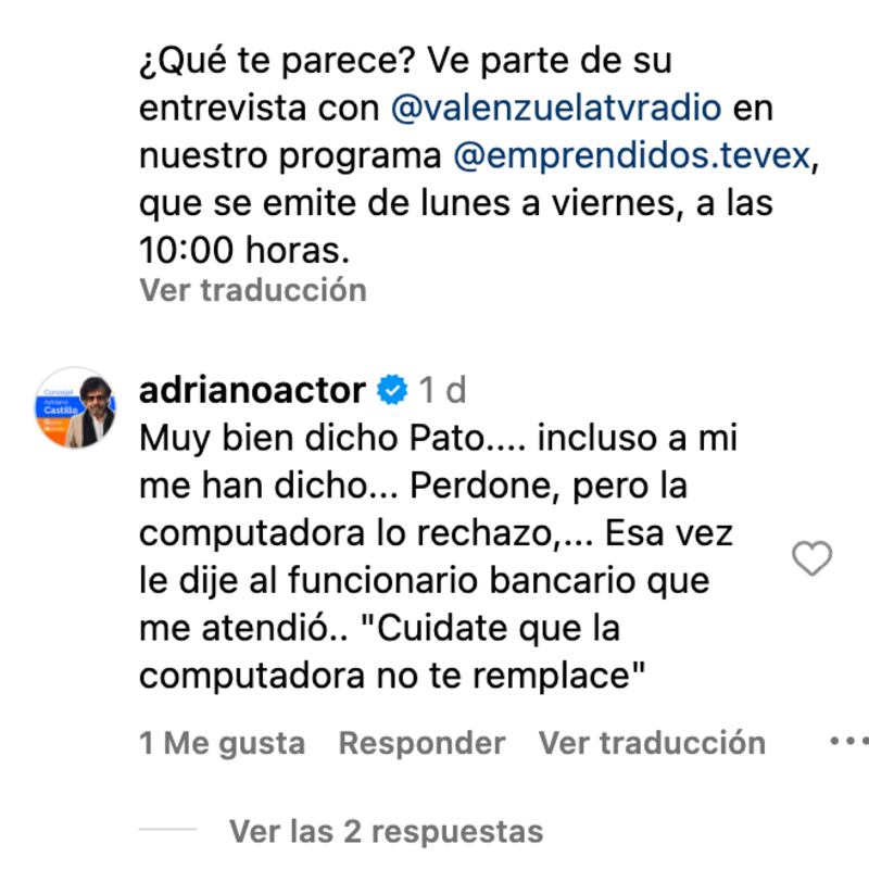 Comentario de Adriano Castillo | Captura: Instagram