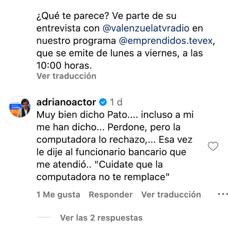 Comentario de Adriano Castillo | Captura: Instagram