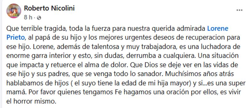"Es vivir el horror mismo": Roberto Nicolini envió emotivo mensaje a Lorene Prieto tras tragedia que afectó a su hijo