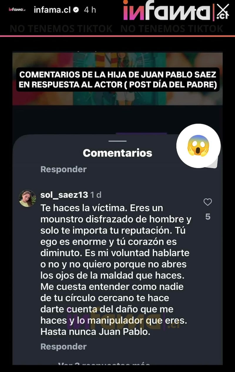 Post con comentario de hija de Juan Pablo Sáez