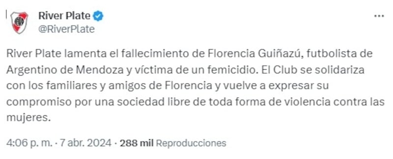 El club millonario publicó en sus redes sociales luego de conocerse del femicidio en contra de Florencia Guiñazú.
