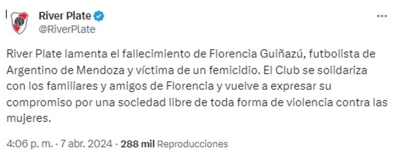 El club millonario publicó en sus redes sociales luego de conocerse del femicidio en contra de Florencia Guiñazú.