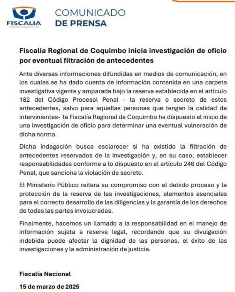 Comunicado Fiscalía por chats filtrados de Karol Cariola e Irací Hassler | Fuente: T13