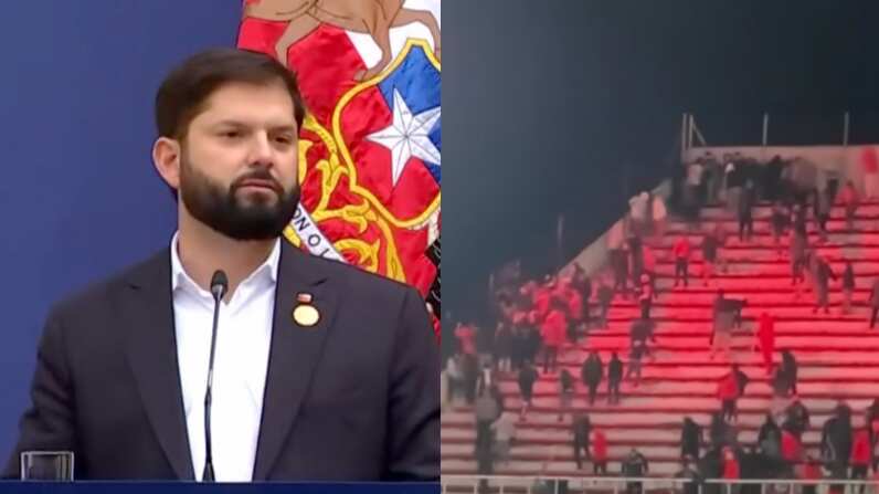 Presidente Gabriel Boric e incidentes en partido de la Universidad de Chile con Independiente | Captura: X de @el_pais y Meganoticias