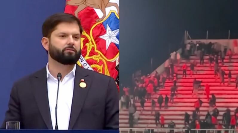 Presidente Gabriel Boric e incidentes en partido de la Universidad de Chile con Independiente | Captura: X de @el_pais y Meganoticias