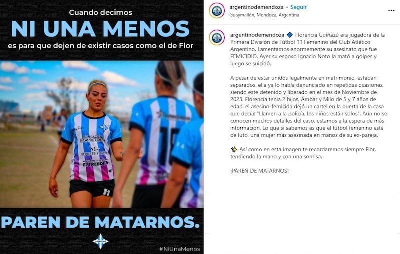 El club de Guiñazú lamentó el nuevo femicidio ocurrido este fin de semana en Argentina.