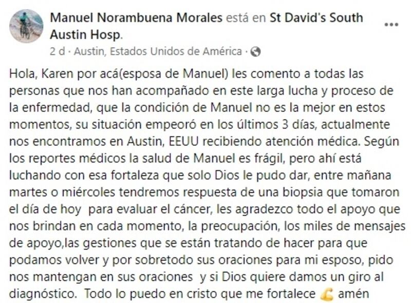 Karen Araya, esposa del militar chileno internado en Estados Unidos por un cáncer terminal, pidió ayuda para trasladar a Chile a su marido.